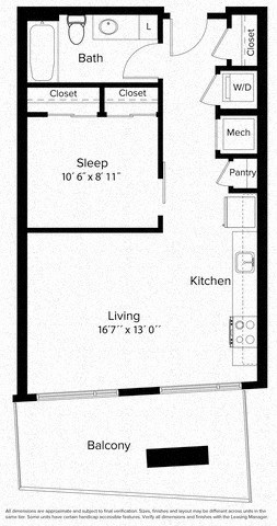 Floor plan for 1 bed, 1 bath, 563 sqft